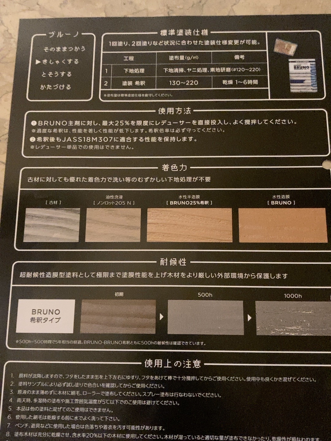 NONROT BRUNOの施工仕様・着色性・耐候性資料